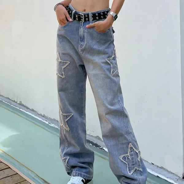 Jeans*Boogzel Clothing Y2K Star Baggy Jeans Blue