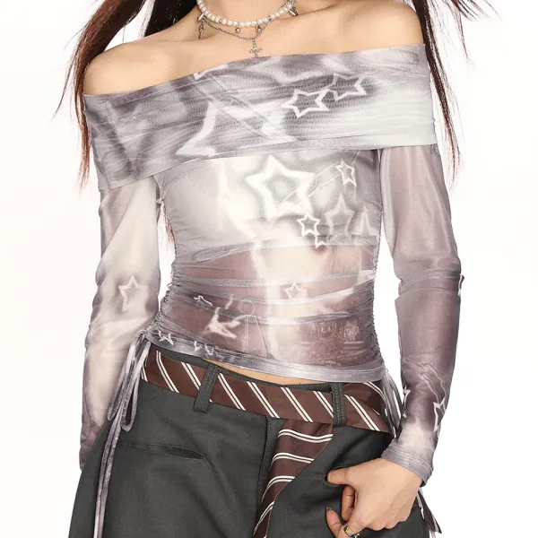 Y2K Tops|Long Sleeve Tops*Boogzel Clothing Y2K Star Mesh Off-Shoulder Long Sleeve Top Grey