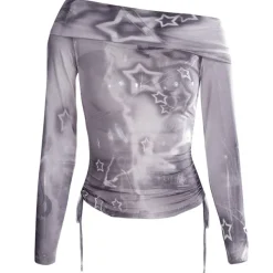 Y2K Tops|Long Sleeve Tops*Boogzel Clothing Y2K Star Mesh Off-Shoulder Long Sleeve Top Grey