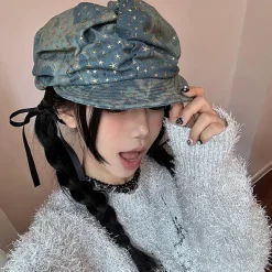 Hats*Boogzel Clothing Y2K Stars Denim Baker Boy Cap Blue