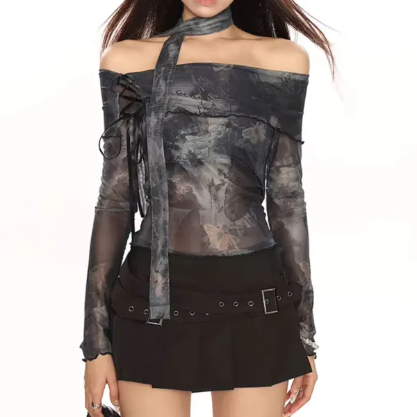 Y2K Tops|Long Sleeve Tops*Boogzel Clothing Y2K Tie-Dye Mesh Off-Shoulder Top